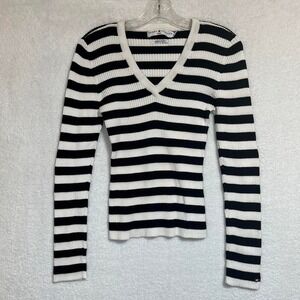 Black and White Stripped Ribbed Y2K Tommy Hilfiger Long Sleeve Top Size Large